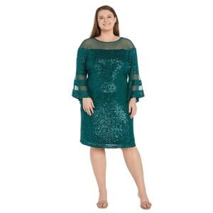 NWT R & M Richards Short Emerald Sequin Dress with Bell Sleeves - Plus size 22W
